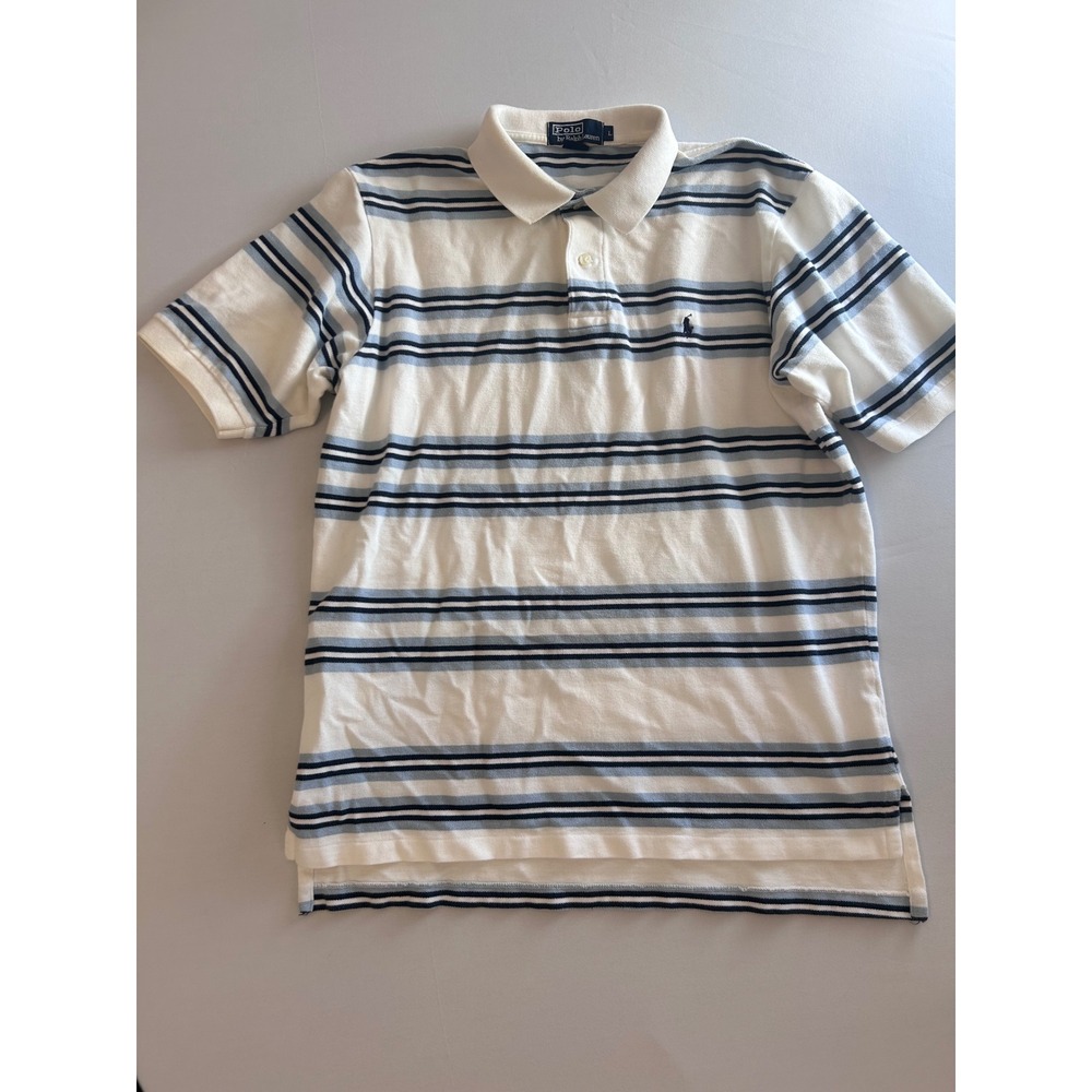 Polo Ralph Lauren Polo Shirt Mens L White Blue Striped Short Sleeve Pique